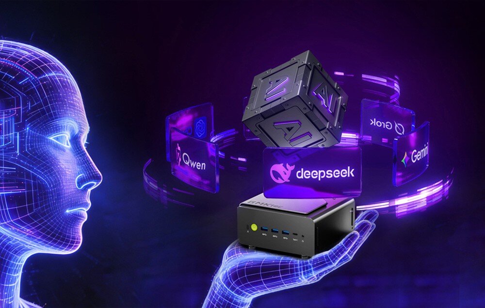Komputer GMKTEC K15-32RAM Futurystyczna grafika prezentuje Mini PC GMKtec K15 jako centrum operacyjne dla zaawansowanych modeli sztucznej inteligencji, NPU, wydajność, sztuczna inteligencja