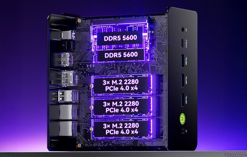 Komputer GMKTEC K15-32RAM Wnętrze obudowy Mini PC ujawnia dwa sloty na pamięć DDR5 oraz trzy gniazda na szybkie dyski SSD M.2 NVMe, rozbudowa, pamięć RAM