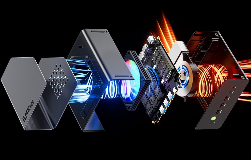 Komputer GMKTEC K15-32RAM Schemat przedstawia wewnętrzną konstrukcję Mini PC GMKtec K15 z widocznym systemem chłodzenia i rozmieszczeniem podzespołów, chłodzenie, podświetlenie, system