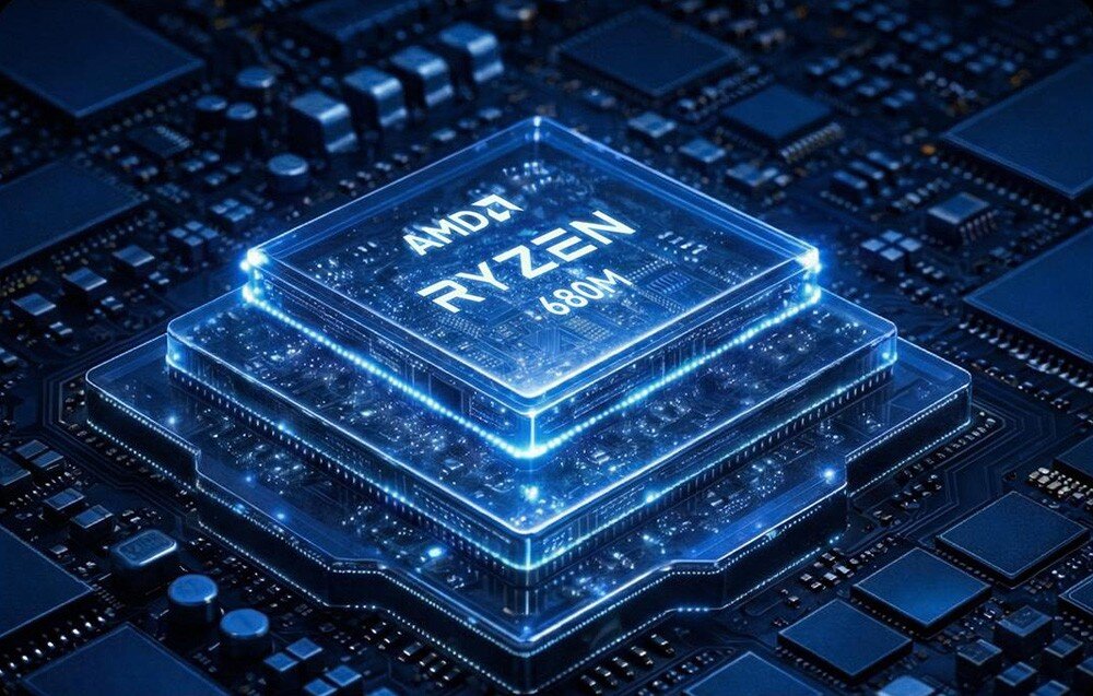 Komputer GMKTEC K16 Zaawansowany układ graficzny AMD Ryzen 680M zaprezentowany w formie świecącego mikroprocesora na ciemnym tle obwodów drukowanych