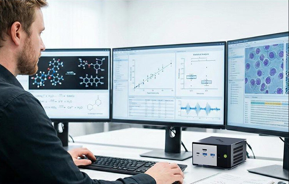 Komputer GMKTEC K16 Specjalista analizuje dane na trzech monitorach podłączonych do wydajnego Mini PC GMKtec K6