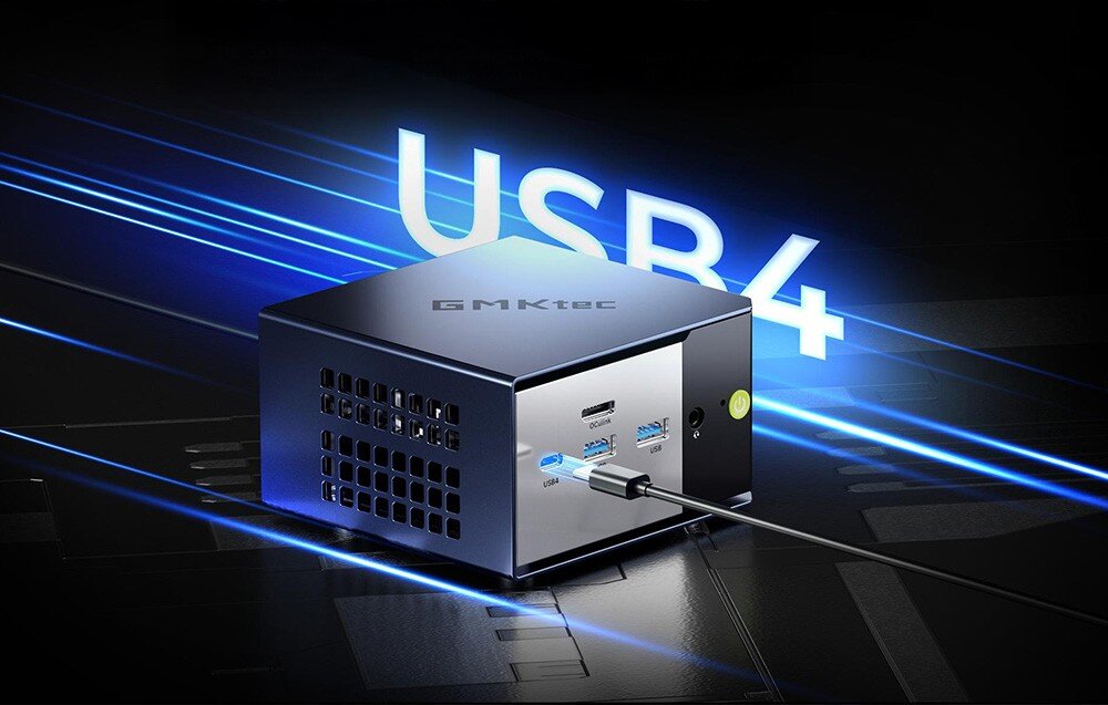 Komputer GMKTEC K16 Zbliżenie na przedni panel Mini PC GMKtec K6 z podłączonym kablem do szybkiego portu USB4 na tle dynamicznych linii świetlnych