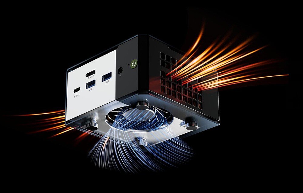 Komputer GMKTEC K16 Grafika prezentuje zaawansowany system chłodzenia Mini PC GMKtec K6 z widocznym wentylatorem i kierunkami przepływu powietrza
