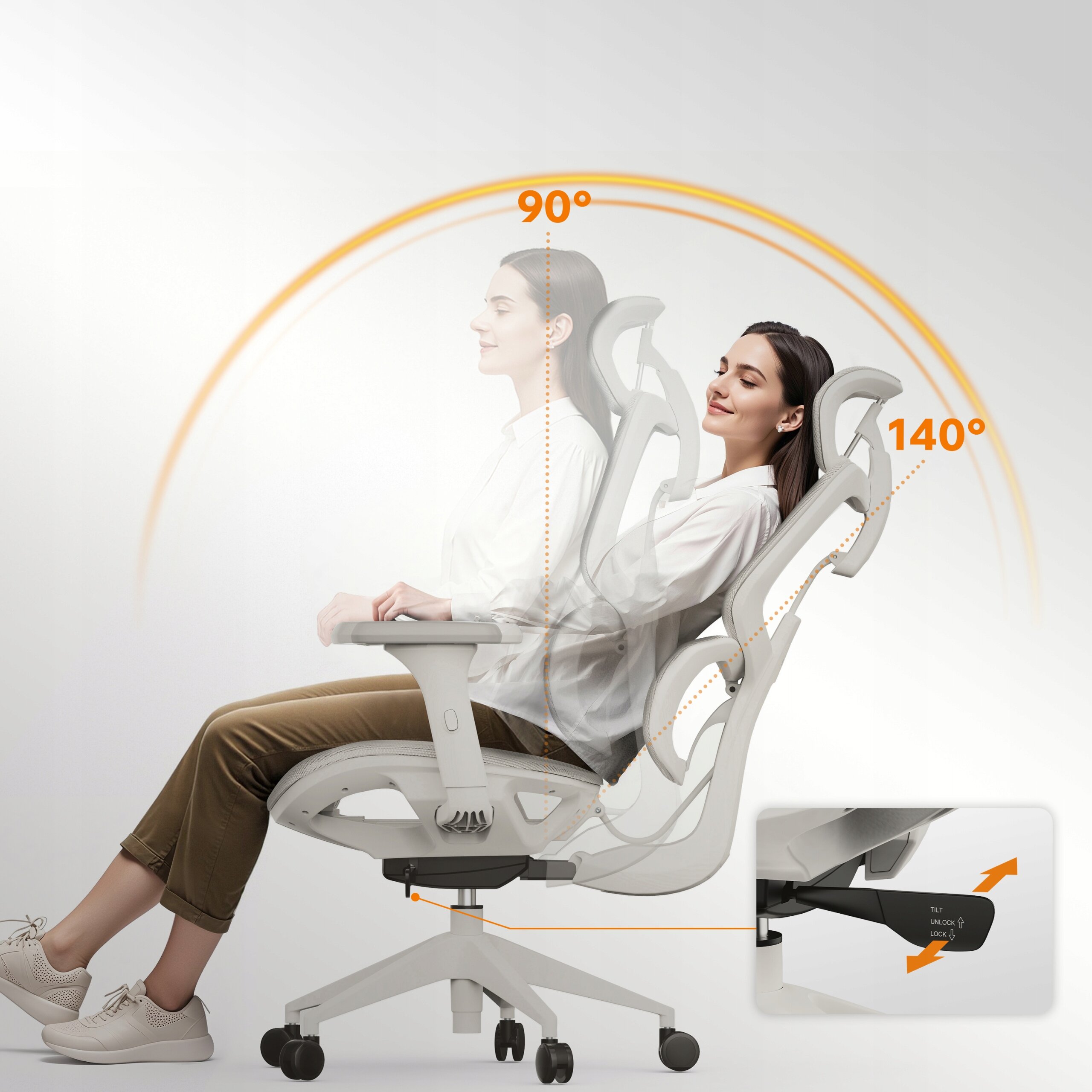 Obraz przedstawia osobę siedzącą na jasno-szarym ergonomicznym krześle biurowym, które można regulować w zakresie odchylenia od 90° do 140°. W prawym dolnym rogu znajduje się zbliżenie mechanizmu regulacji z napisem \'Nob 7 Unlock Lock\'.