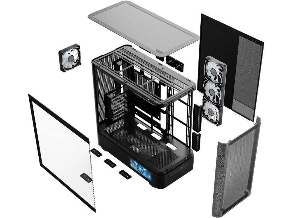 Komputer MAD DOG GeForce RTX5070Ti DLSS 4 Reflex Edition 2 AQ400-A01WR32WP Widok rozstrzelony obudowy komputerowej pokazujący oddzielone od siebie panele, ramę, wentylatory i filtry