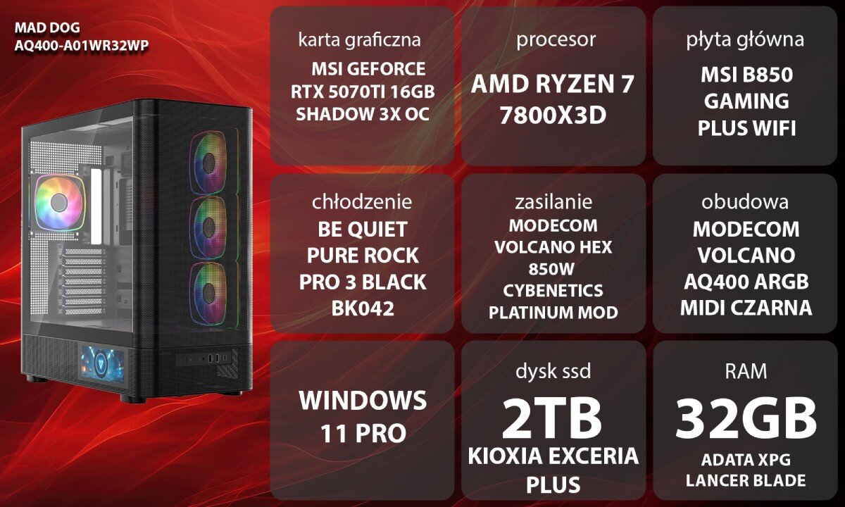 Komputer MAD DOG GeForce RTX5070Ti DLSS 4 Reflex Edition 2 AQ400-A01WR32WP Dwie czarne obudowy komputerowe o konstrukcji typu akwarium z przeszklonymi panelami, kolorowo podświetlonymi wentylatorami wewnątrz oraz małym ekranem LCD na dole przedniej części