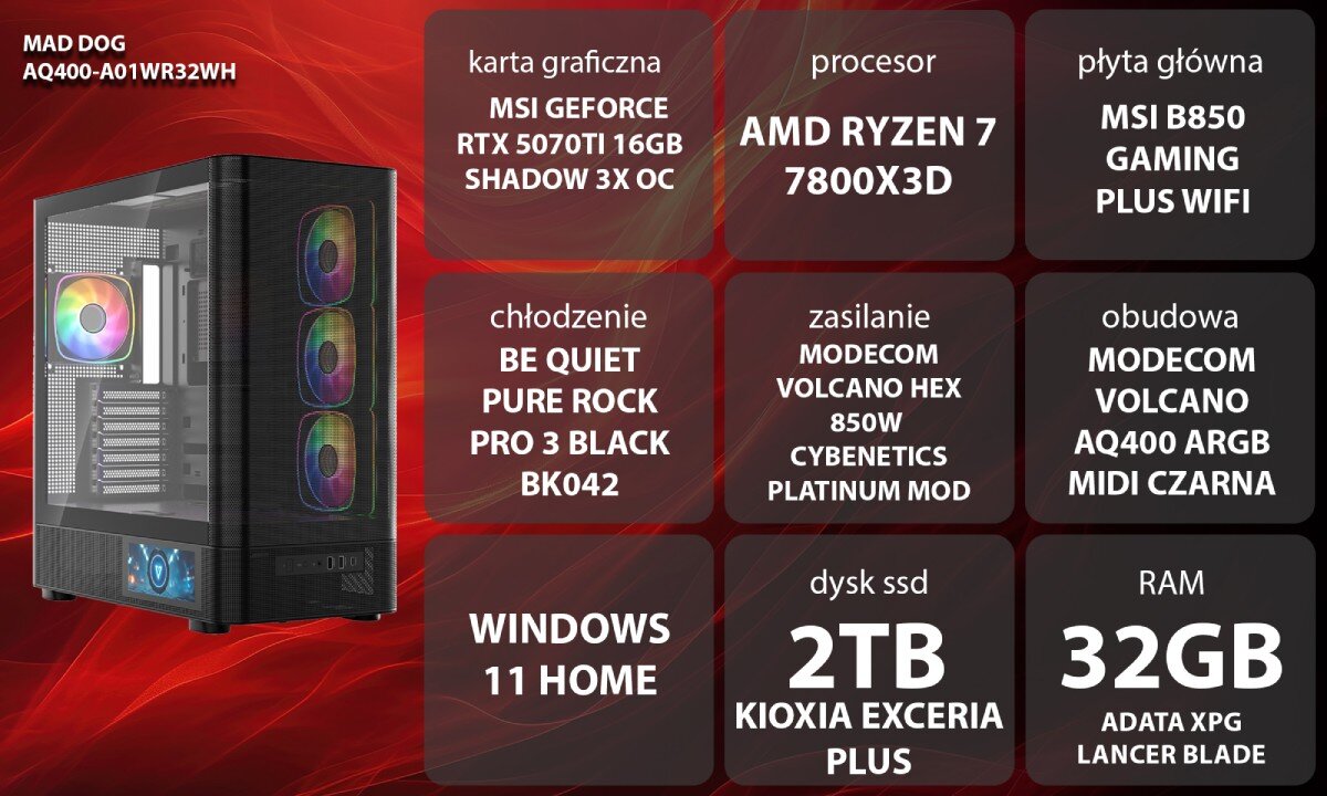Komputer MAD DOG GeForce RTX5070Ti DLSS 4 Reflex Edition 2 AQ400-A01WR32WH Dwie czarne obudowy komputerowe o konstrukcji typu akwarium z przeszklonymi panelami, kolorowo podświetlonymi wentylatorami wewnątrz oraz małym ekranem LCD na dole przedniej części