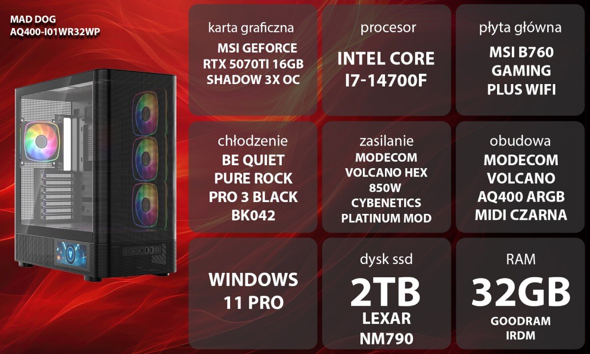 Dwa komputery stacjonarne z przezroczystymi panelami bocznymi, ukazujące wnętrze z podświetlanymi wentylatorami RGB. Na jednym z komputerów widoczny jest mały ekran z wyświetlaną temperaturą 36°C.