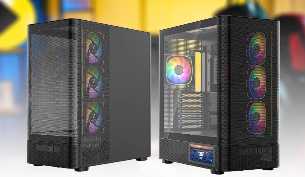 Komputer MAD DOG GeForce RTX5070Ti DLSS 4 Reflex Edition 2 AQ400-I01WR32WH Dwie czarne obudowy komputerowe o konstrukcji typu akwarium z przeszklonymi panelami, kolorowo podświetlonymi wentylatorami wewnątrz oraz małym ekranem LCD na dole przedniej części