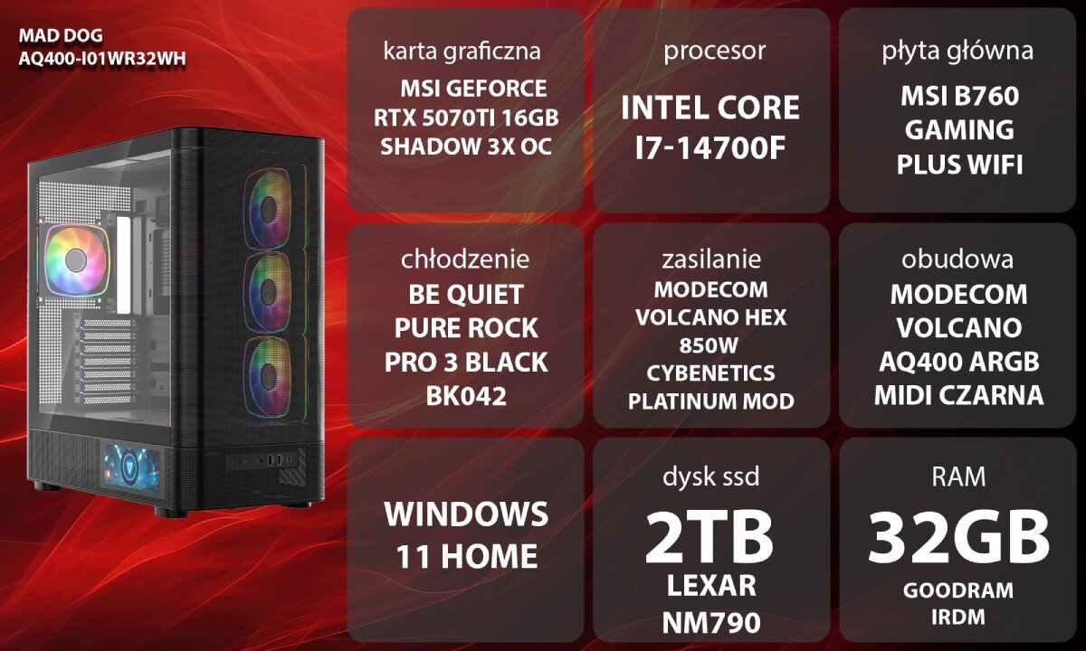 Dwa komputery stacjonarne z przezroczystymi panelami bocznymi, ukazujące wnętrze z podświetlanymi wentylatorami RGB. Obudowy mają czarny kolor i widoczne są porty USB oraz przyciski na przednich panelach.