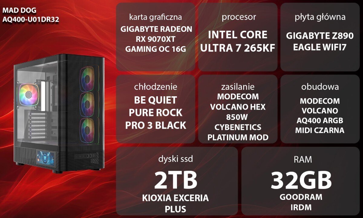 Komputer MAD DOG AQ400-U01DR32 Dwie czarne obudowy komputerowe o konstrukcji typu akwarium z przeszklonymi panelami, kolorowo podświetlonymi wentylatorami wewnątrz oraz małym ekranem LCD na dole przedniej części