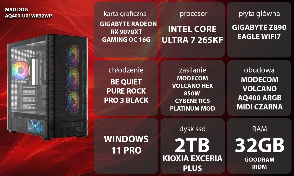 Komputer MAD DOG AQ400-U01WR32WP Dwie czarne obudowy komputerowe o konstrukcji typu akwarium z przeszklonymi panelami, kolorowo podświetlonymi wentylatorami wewnątrz oraz małym ekranem LCD na dole przedniej części
