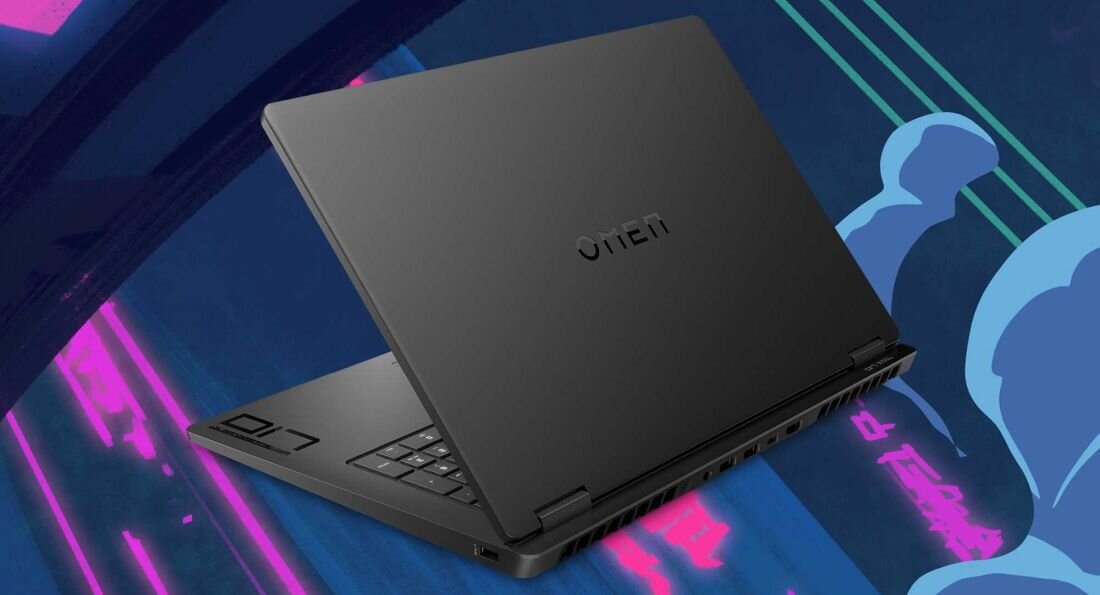 Laptop gamingowy HP Omen 17 w czarnej obudowie z logo OMEN, widok z tyłu na tle dynamicznej, neonowej grafiki, symbolizujący mobilność i szybką łączność Wi-Fi 6. - Szybkość i stabilność sieci 