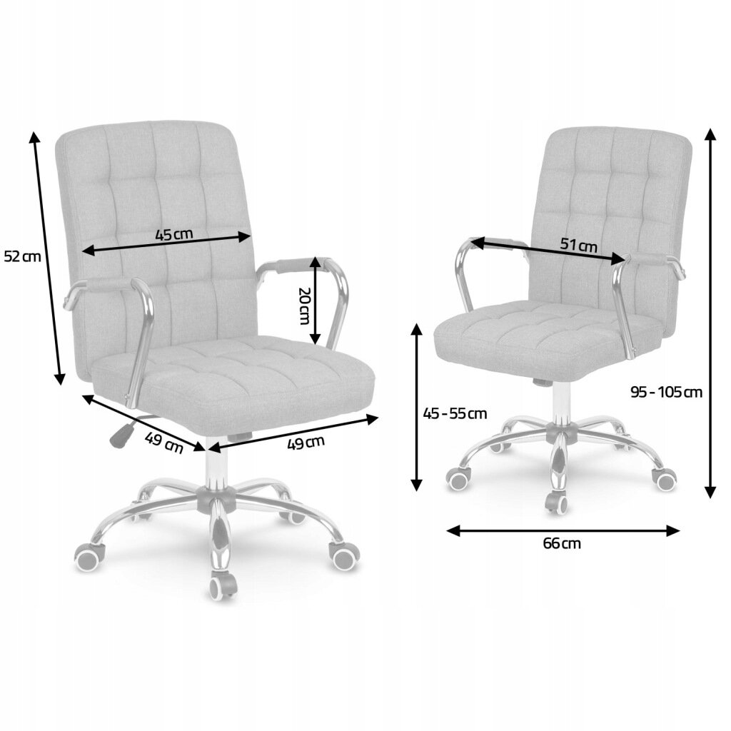 Obraz przedstawia dwa szare fotele biurowe z metalowymi podłokietnikami i podstawą na kółkach. Na fotelach widoczne są wymiary: 52 cm, 45 cm, 20 cm, 49 cm, 45-55 cm, 51 cm, 95-105 cm, 66 cm.