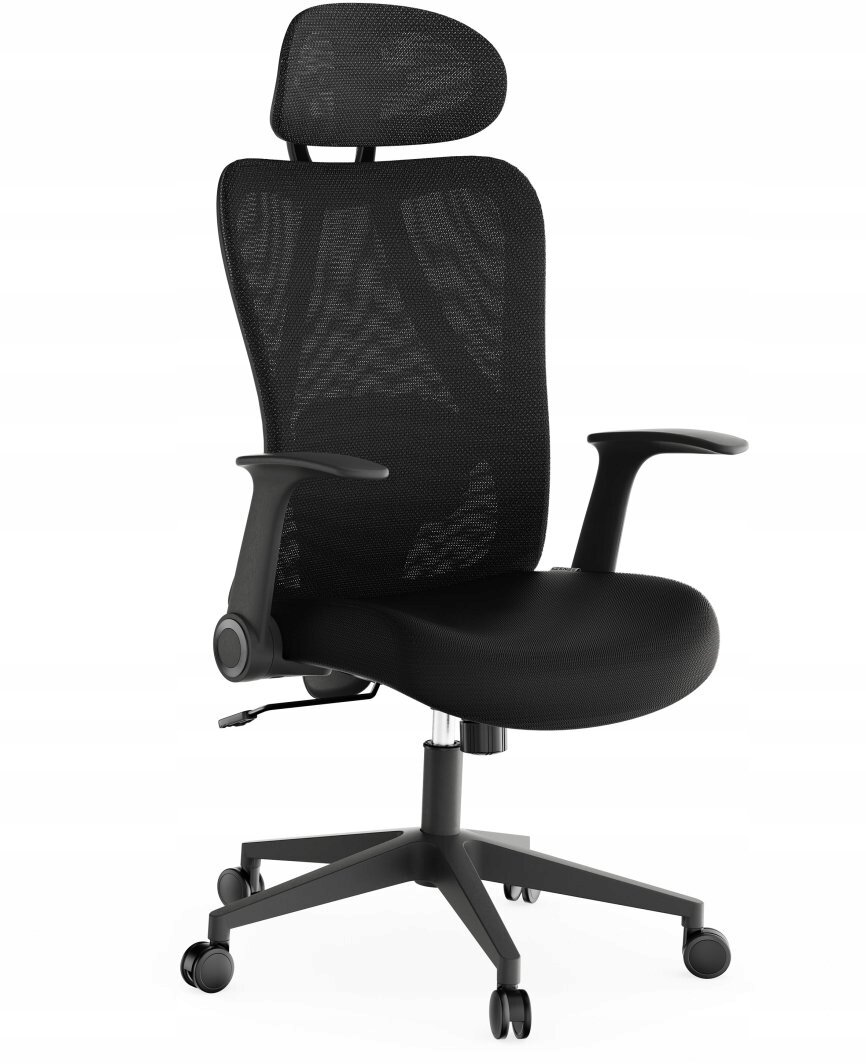 Czarny, ergonomiczny fotel biurowy z regulowanym zagłówkiem i podłokietnikami, wykonany z materiału siatkowego. Fotel posiada pięcioramienną podstawę z kółkami.