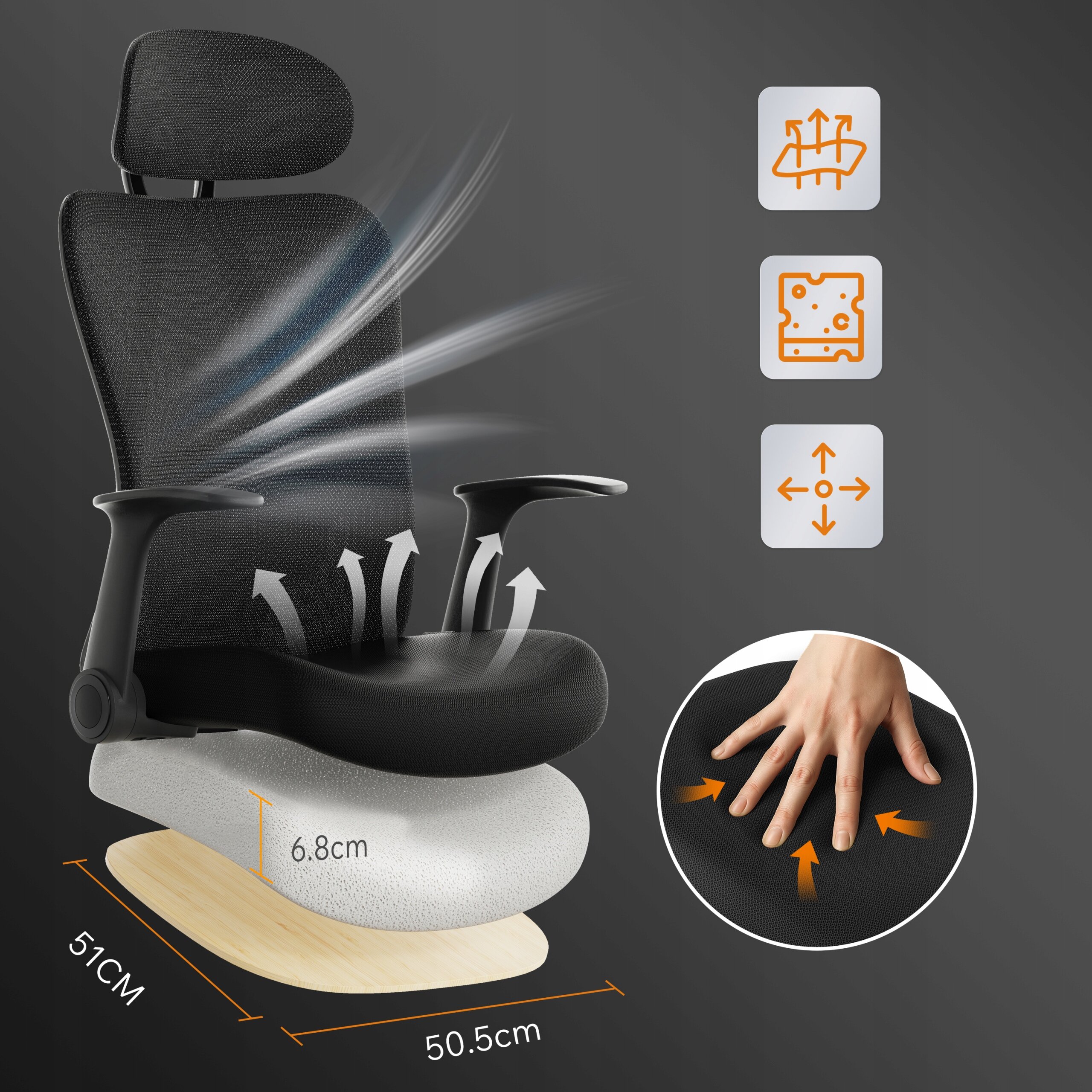 Czarny fotel biurowy z ergonomicznym designem, z regulowanymi podłokietnikami i oparciem. Obok fotela znajdują się ikony przedstawiające funkcje wentylacji, materiału i regulacji, a poniżej wymiary siedziska: 51 cm na 50,5 cm.