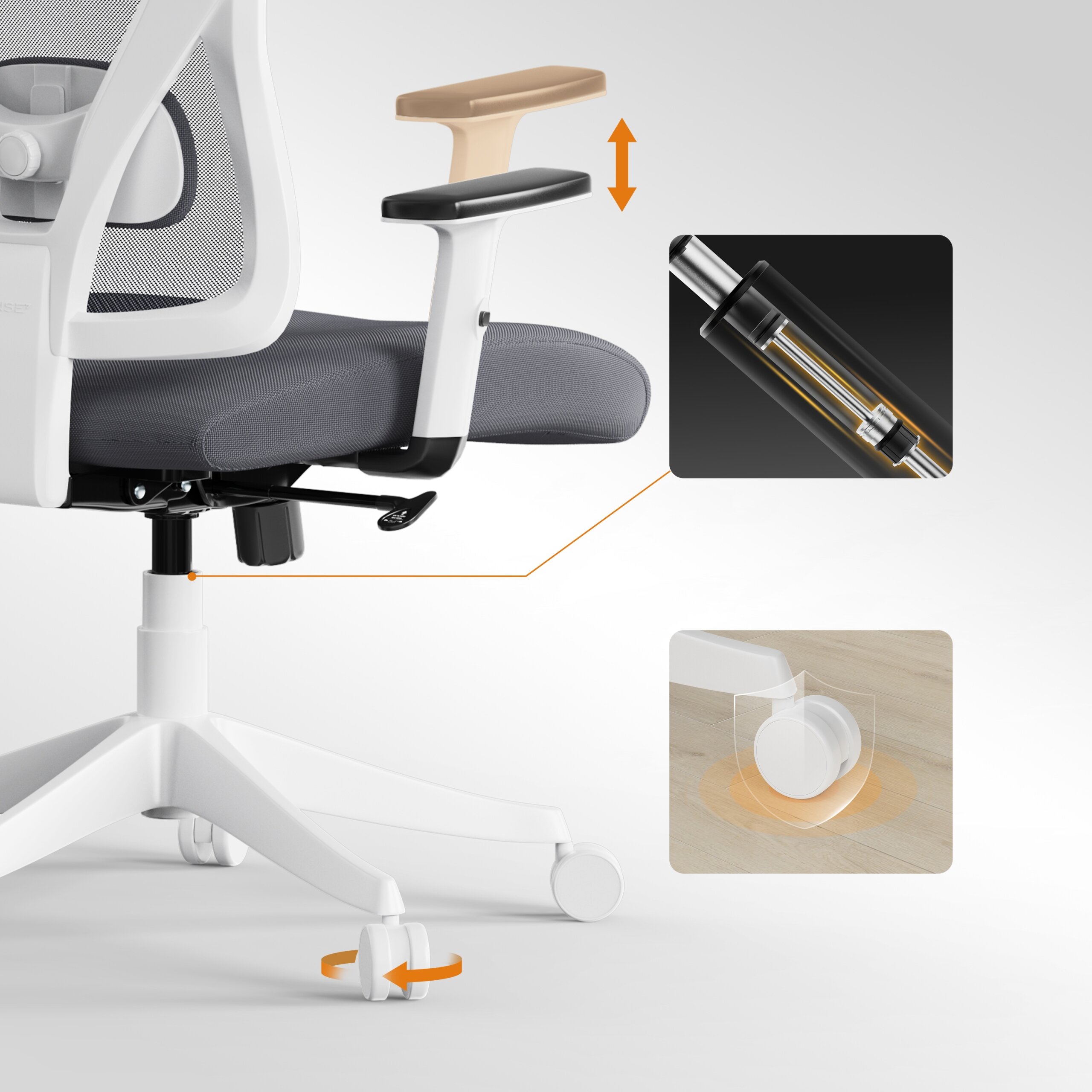 Obraz przedstawia szare, ergonomiczne krzesło biurowe z regulowanym podłokietnikiem i białą podstawą na kółkach. Widoczne są detale mechanizmu regulacji wysokości oraz kółka z funkcją obrotu.