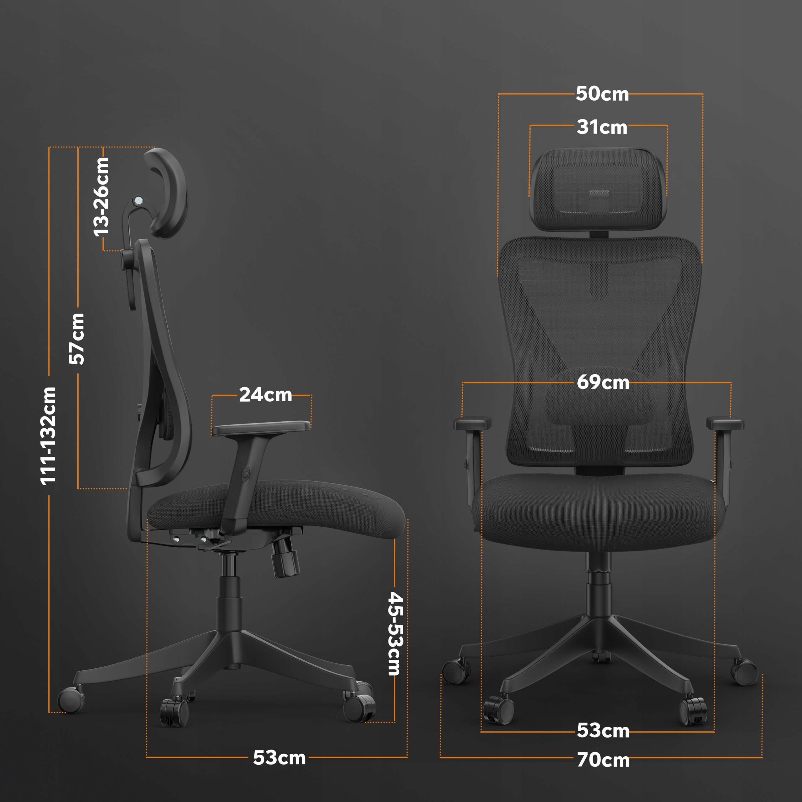 Obraz przedstawia czarny fotel biurowy z ergonomicznym designem, widoczny z boku i z przodu. Na obrazie zaznaczone są wymiary: wysokość 111-132 cm, głębokość siedziska 53 cm, szerokość oparcia 50 cm, wysokość podłokietników 24 cm, oraz inne szczegóły wymiarowe.