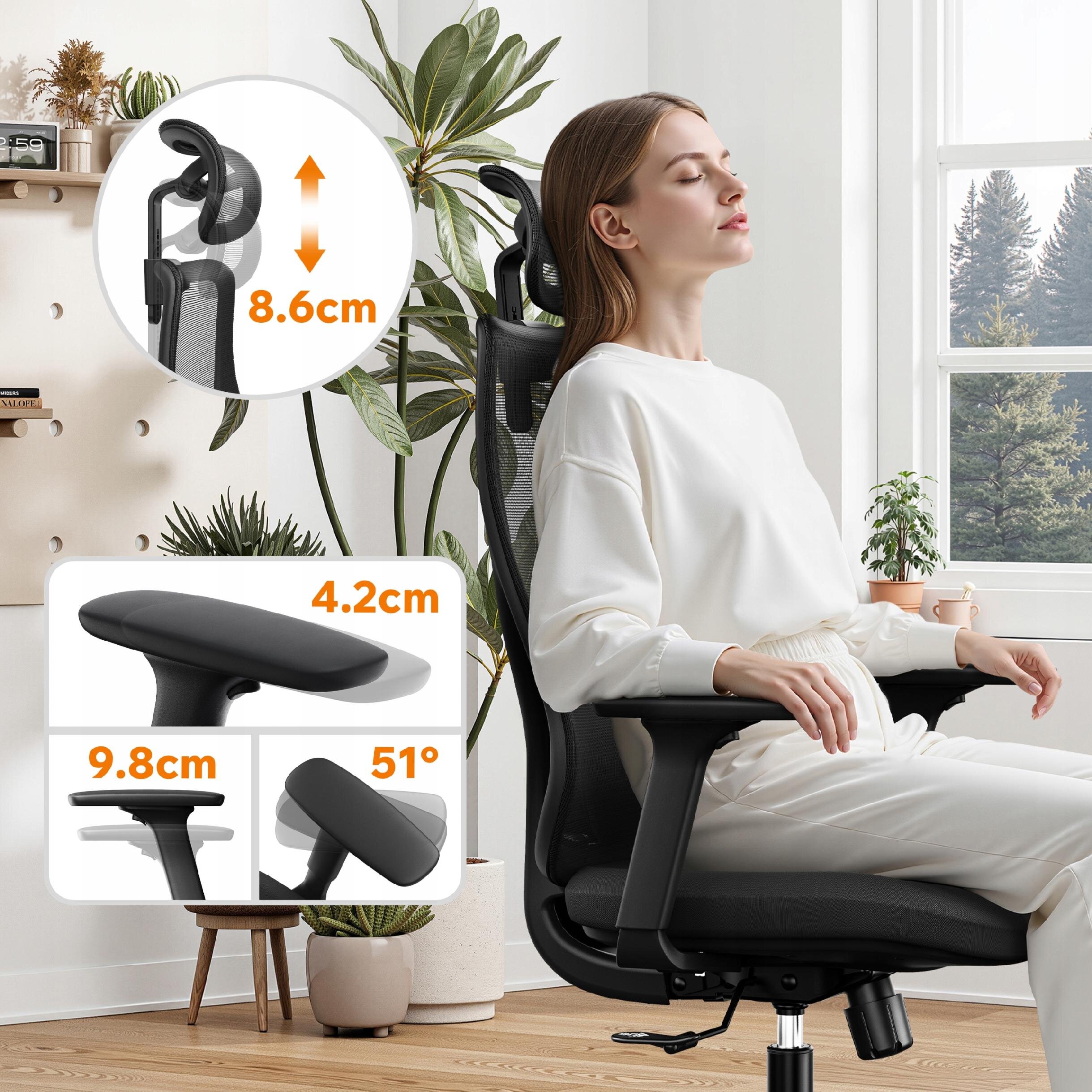 Osoba siedzi na czarnym, ergonomicznym fotelu biurowym z regulowanym zagłówkiem i podłokietnikami. Na obrazie widoczne są wymiary: 8.6 cm, 4.2 cm, 9.8 cm oraz kąt 51°.