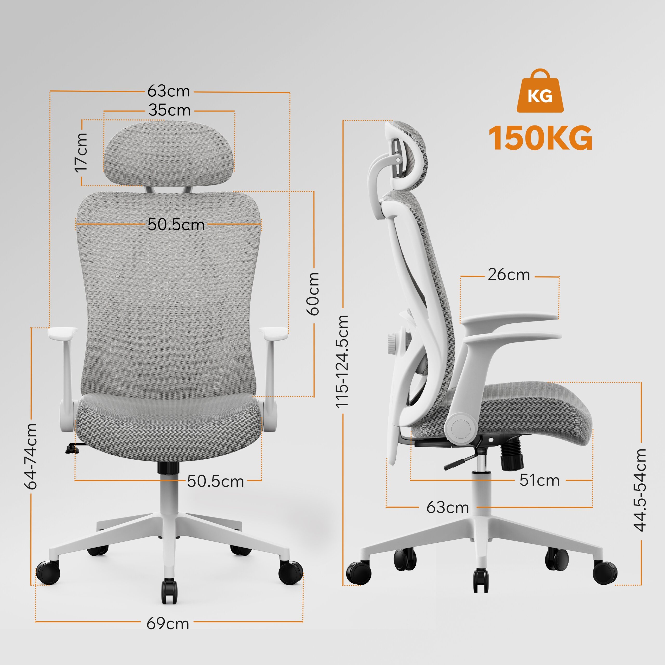 Obraz przedstawia szare, materiałowe krzesło biurowe z ergonomicznym designem, z widocznymi wymiarami w centymetrach. Maksymalne obciążenie krzesła wynosi 150 kg.