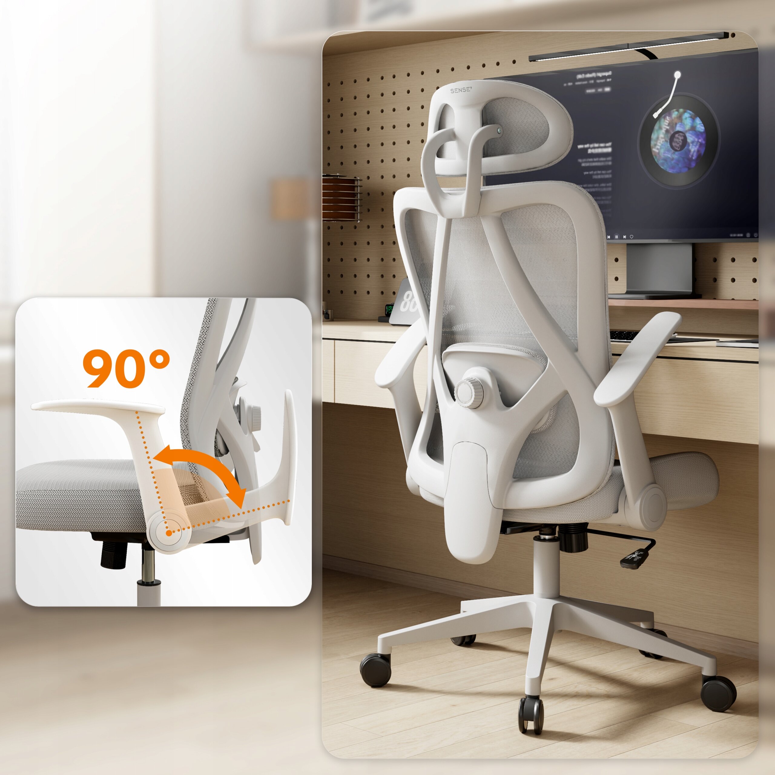 Na obrazie widoczny jest szary, ergonomiczny fotel biurowy z regulowanym oparciem i podłokietnikami. Wstawka pokazuje mechanizm regulacji podłokietnika z kątem 90°.