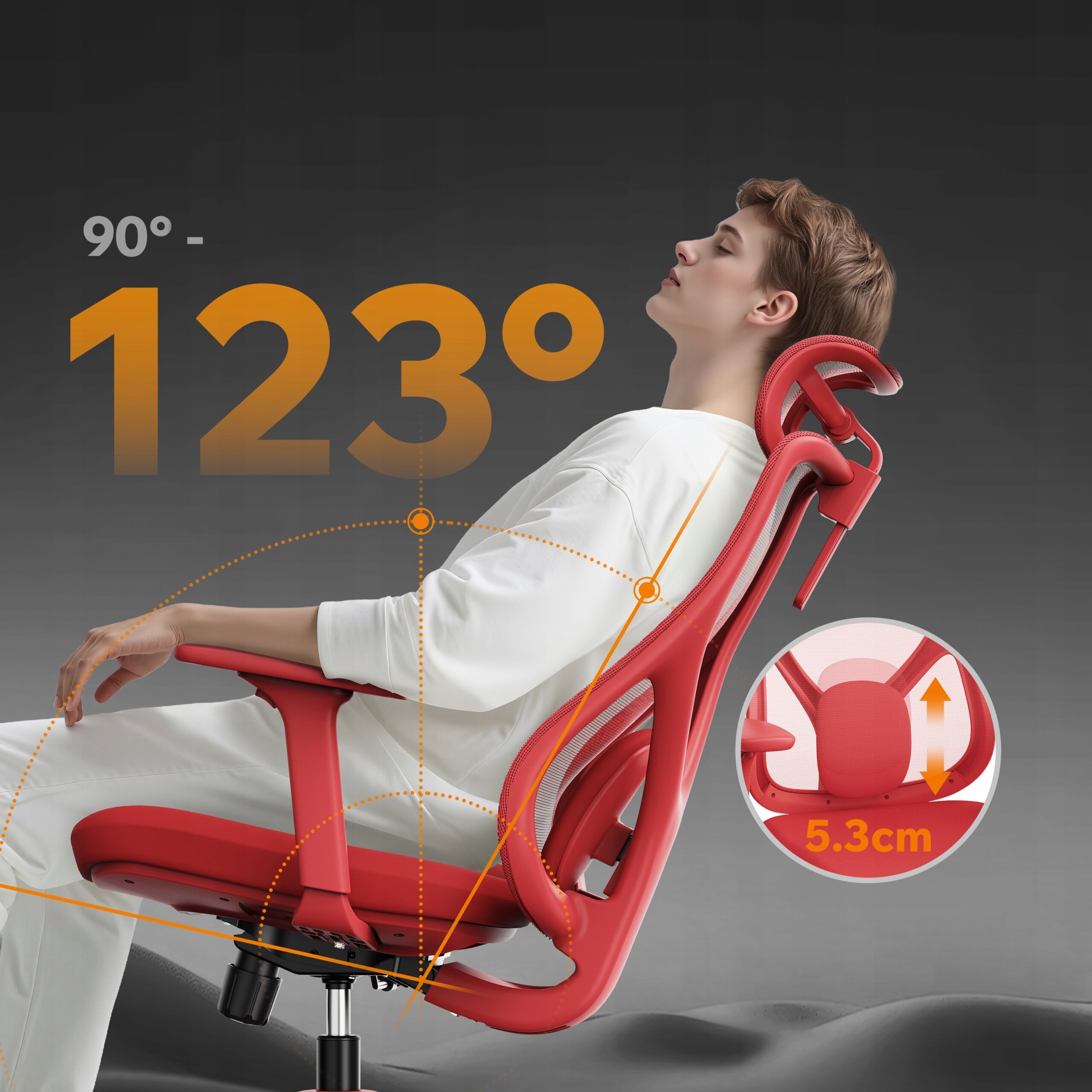 Osoba siedzi na czerwonym ergonomicznym fotelu biurowym, który jest odchylony pod kątem od 90° do 123°. Widoczny jest również szczegółowy widok mechanizmu regulacji oparcia z opisem \'5.3cm\'.