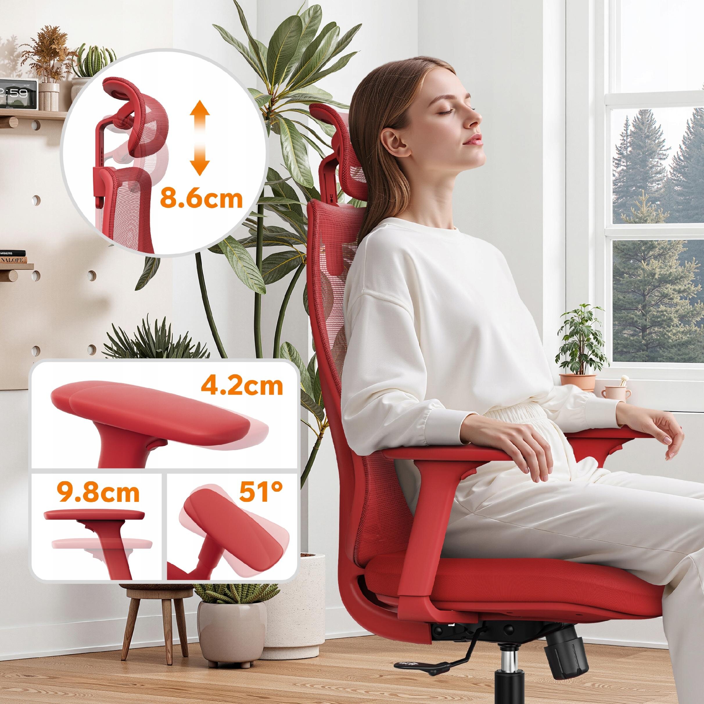 Osoba siedzi na czerwonym, ergonomicznym fotelu biurowym z regulowanym zagłówkiem i podłokietnikami. Na obrazie widoczne są wymiary: 8.6 cm, 4.2 cm, 9.8 cm oraz kąt 51°.