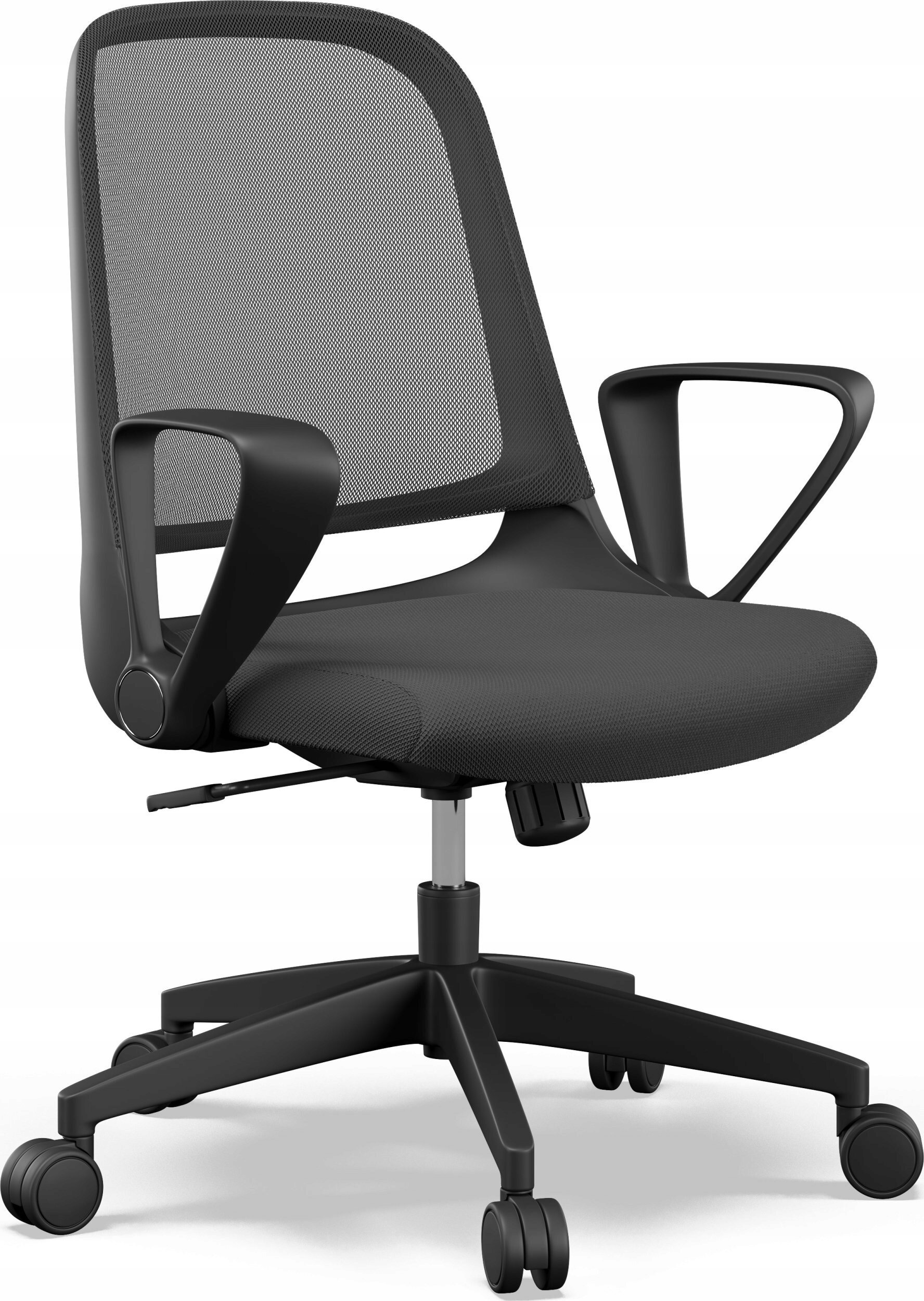 Czarny fotel biurowy z ergonomicznym designem, posiada siatkowe oparcie i regulowane podłokietniki. Fotel jest wyposażony w pięcioramienną podstawę z kółkami.