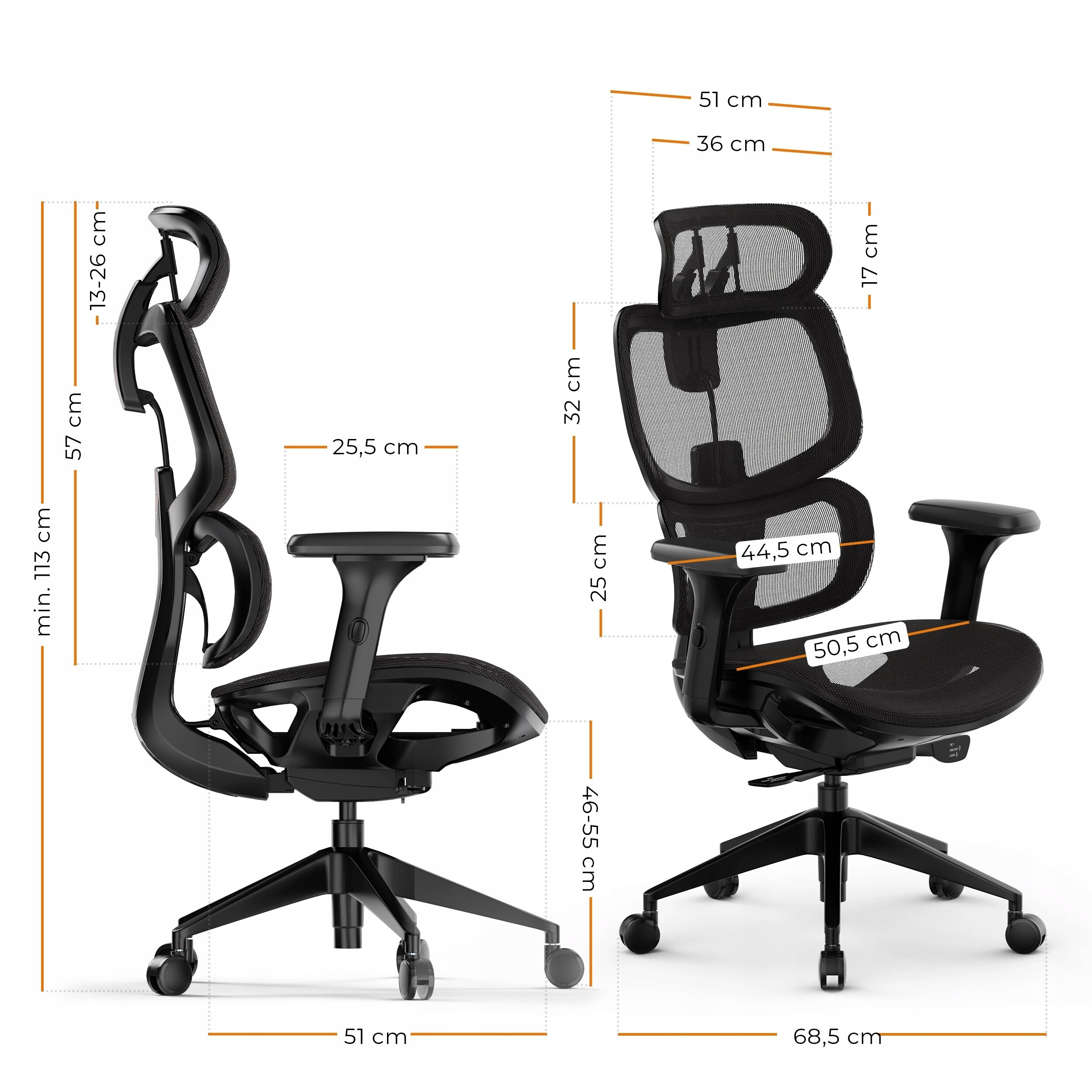 Obraz przedstawia czarne, ergonomiczne krzesło biurowe z siatki mesh, z widocznymi wymiarami: wysokość oparcia 57 cm, szerokość siedziska 50,5 cm, głębokość siedziska 44,5 cm. Krzesło posiada regulowane podłokietniki i podstawę na kółkach, a minimalna wysokość to 113 cm.