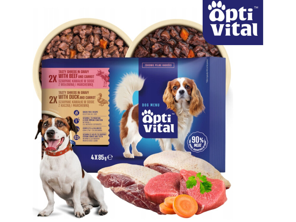 Opakowanie karmy dla psa marki OptiVital z wizerunkiem dwóch psów oraz kawałkami mięsa i marchewki. Na opakowaniu widnieje napis: \'Tasty shreds in gravy with beef and carrot\' oraz \'Tasty shreds in gravy with duck and carrot\'.