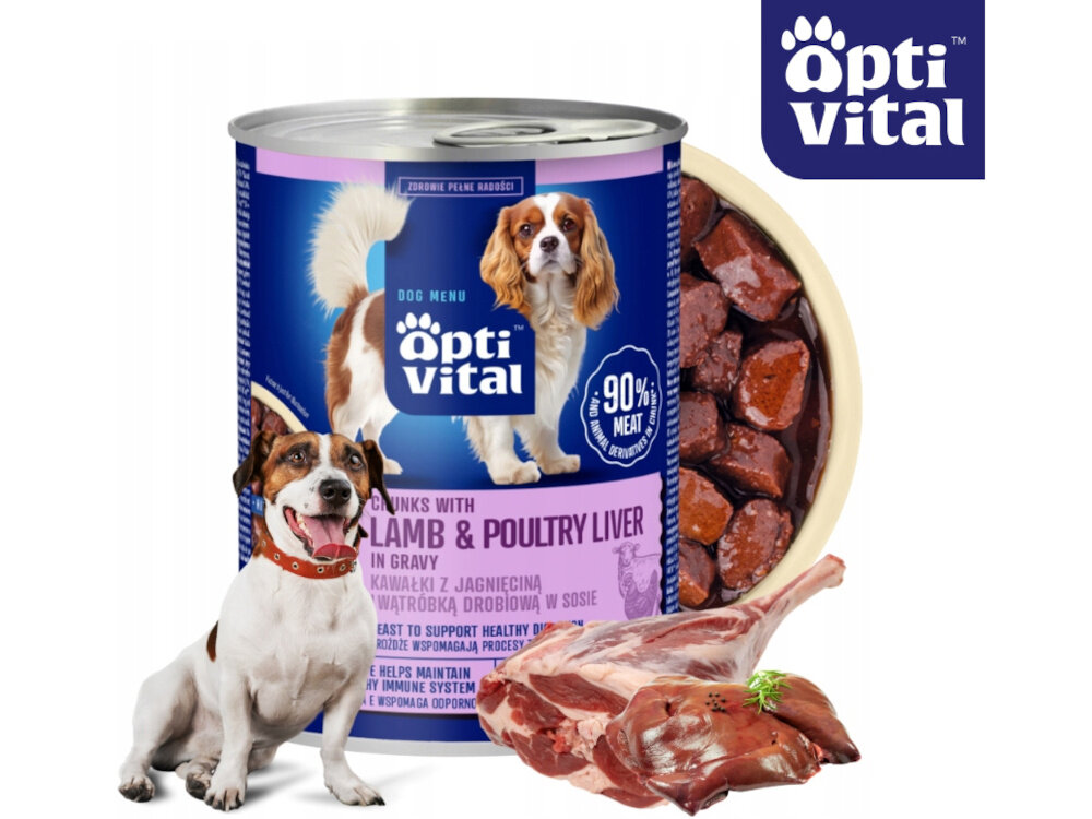 Obraz przedstawia puszkę karmy dla psa marki Opti Vital z wizerunkiem psa i napisem \'Chunks with Lamb & Poultry Liver in Gravy\'. Obok puszki widoczne są kawałki mięsa oraz logo Opti Vital.
