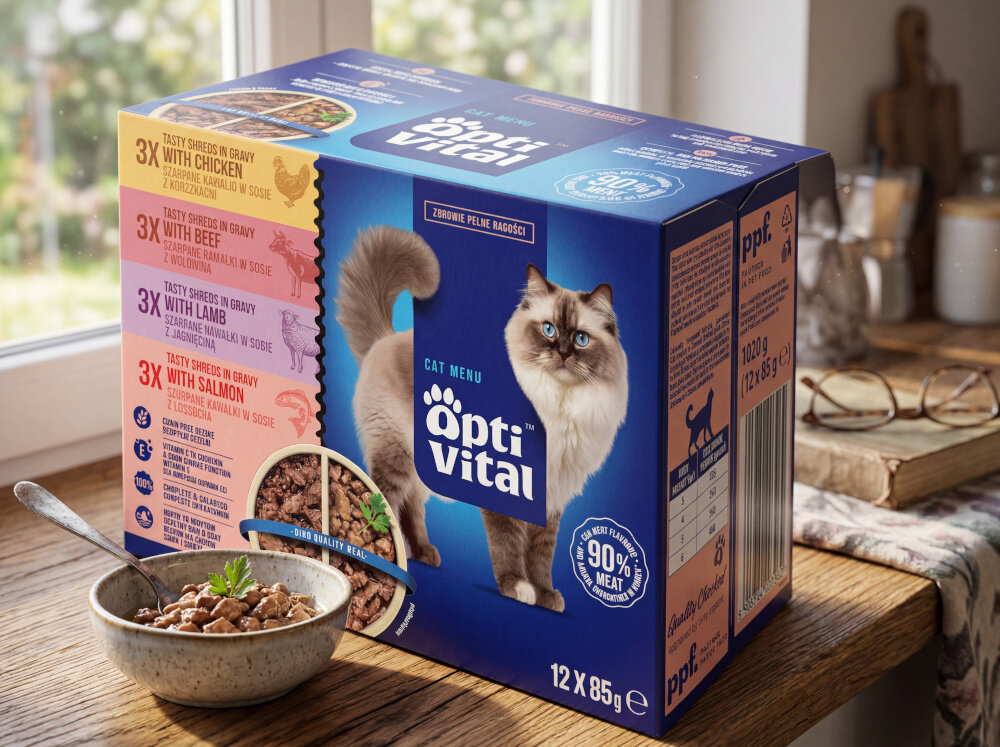 Na obrazie widoczny jest karton produktu \'Opti Vital Cat Menu\' z wizerunkiem kota i informacją o zawartości 12 opakowań po 85 g. Obok kartonu znajduje się miska z karmą dla kota i łyżką.