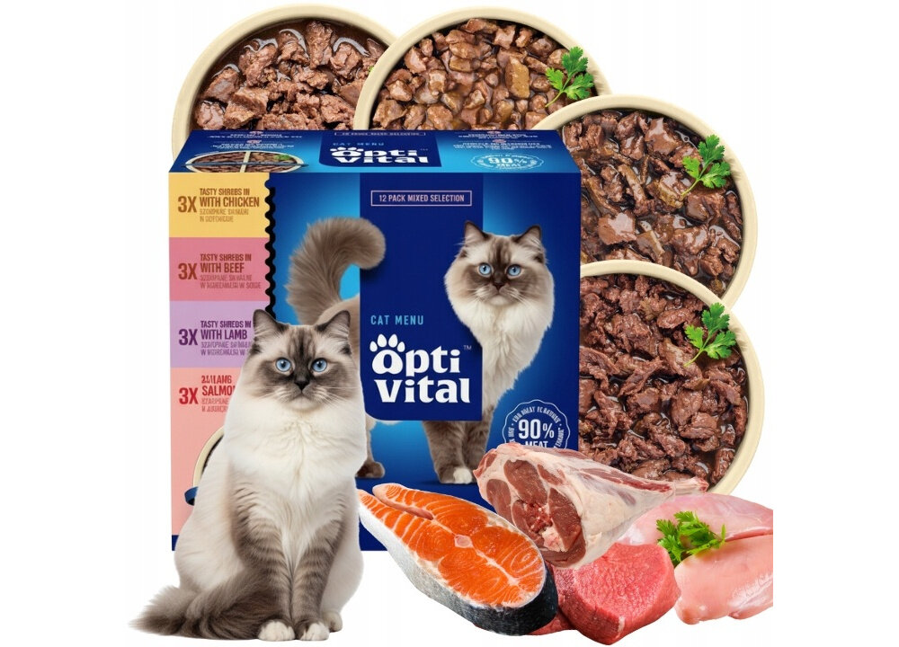 Na obrazie widoczna jest karma dla kota marki OptiVital w opakowaniu z napisem \'Cat Menu OptiVital 12 Pack Mixed Selection\'. W tle znajdują się miski z karmą oraz ilustracje różnych rodzajów mięsa.