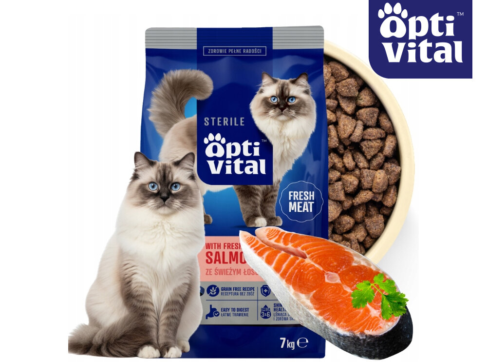 Sucha karma dla kota po sterylizacji z łososiem 7 kg OptiVital bezzbożowa