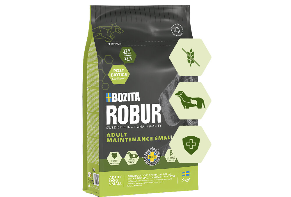 Opakowanie karmy dla psa marki BOZITA Robur Adult Maintenance Small, o wadze 3 kg. Na opakowaniu widoczne są informacje o składnikach odżywczych oraz symbole wskazujące na cechy produktu.