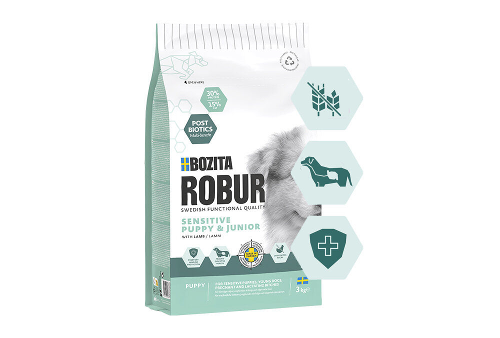 Opakowanie karmy dla psa marki BOZITA Robur Sensitive Puppy & Junior z jagnięciną, o wadze 3 kg. Na opakowaniu widoczne są ikony symbolizujące składniki i właściwości produktu oraz tekst \'Swedish Functional Quality\'.