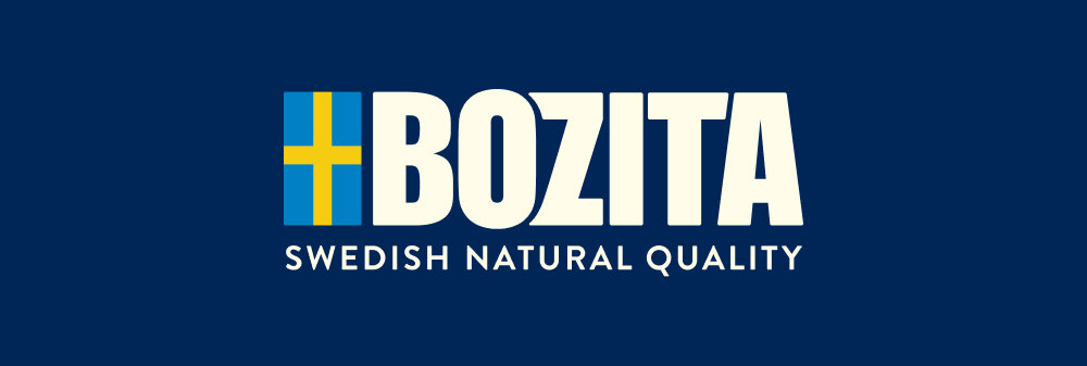 Logo BOZITA na granatowym tle z napisem \'SWEDISH NATURAL QUALITY\'.
