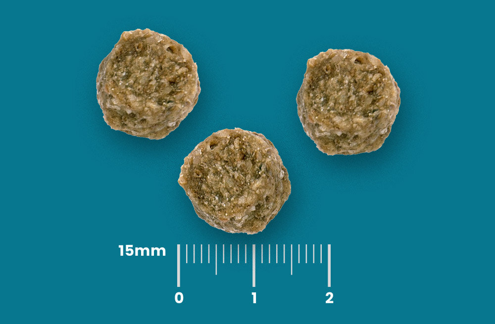 Trzy okrągłe kawałki karmy dla psa na niebieskim tle. Obok znajduje się linijka z oznaczeniami od 0 do 2 oraz tekst \'15mm\'.