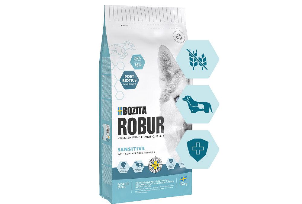 Opakowanie karmy dla psa BOZITA Robur Adult Sensitive Renifer 12 kg z widocznym logo i grafiką psa. Na opakowaniu znajdują się informacje o składnikach odżywczych oraz ikony symbolizujące funkcje zdrowotne.