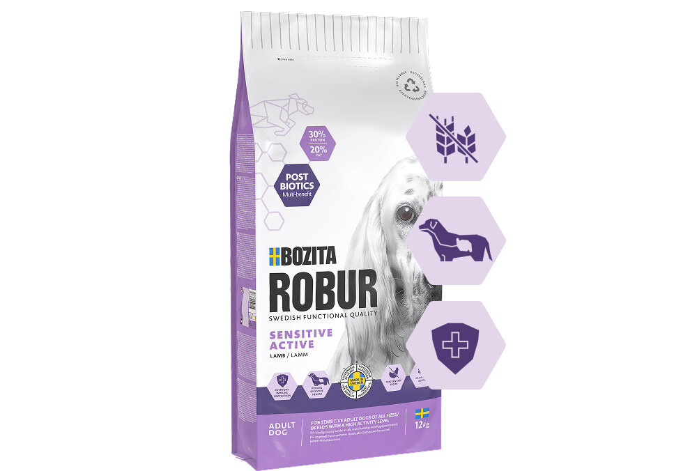 Opakowanie karmy dla psa marki BOZITA Robur Sensitive Active z jagnięciną, o wadze 12 kg, z widocznymi ikonami i napisami \'30% protein\', \'20% fat\', \'Post Biotics Multicomplex\'.