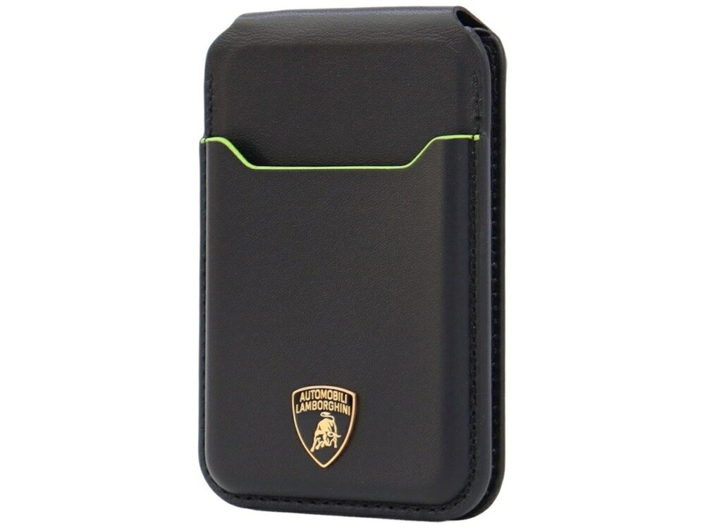 Czarny portfel z zielonym akcentem na krawędzi, z logo \'AUTOMOBILI LAMBORGHINI\' w dolnej części.