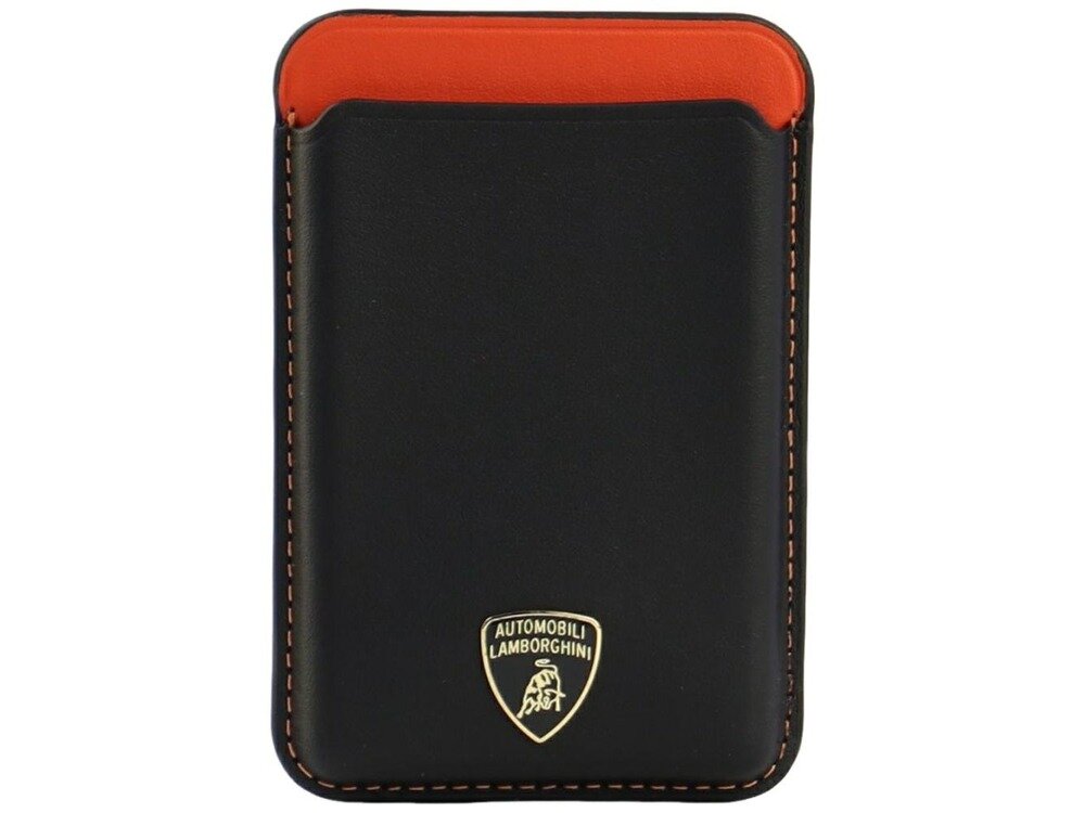 Czarny portfel z pomarańczowym wnętrzem i logo \'AUTOMOBILI LAMBORGHINI\' na dole. Portfel ma widoczne pomarańczowe przeszycia na krawędziach.