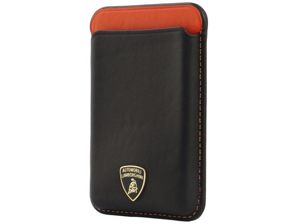 Czarno-pomarańczowy magnetyczny portfel z logo \'AUTOMOBILI LAMBORGHINI\' na dole. Portfel wykonany jest z gładkiej skóry z widocznymi pomarańczowymi przeszyciami.