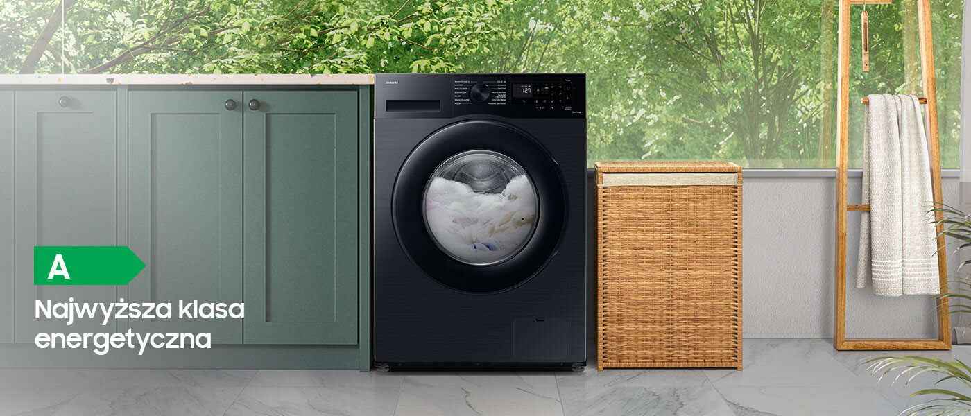 Czarna pralka Samsung WW90CGC04DAB posiada najwyższją klasę energetyczną A