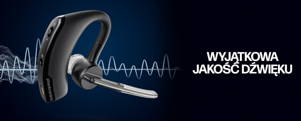 Na ciemnym tle widoczna jest czarna słuchawka z napisem \'plantronics\', obok której znajduje się tekst \'WYJĄTKOWA JAKOŚĆ DŹWIĘKU\'.