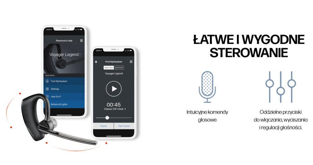 Obraz przedstawia dwa smartfony z aplikacją Voyager Legend oraz słuchawkę bezprzewodową. Po prawej stronie widnieje tekst: \'Łatwe i wygodne sterowanie\', z ikonami mikrofonu i suwaków oraz opisami \'Intuicyjne komendy głosowe\' i \'Oddzielne przyciski do włączania, wyciszania i regulacji głośności\'.
