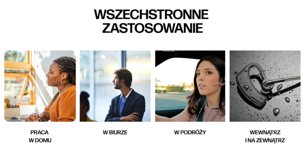 Obraz przedstawia cztery zdjęcia z podpisami: \'PRACA W DOMU\', \'W BIURZE\', \'W PODRÓŻY\', \'WEWNĄTRZ I NA ZEWNĄTRZ\'. Nad zdjęciami znajduje się tekst \'WSZECHSTRONNE ZASTOSOWANIE\'.