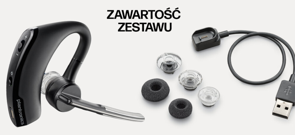 Na obrazie widoczna jest czarna słuchawka z mikrofonem, kilka wymiennych końcówek dousznych oraz kabel USB. Tekst na obrazie: \'ZAWARTOŚĆ ZESTAWU\'.