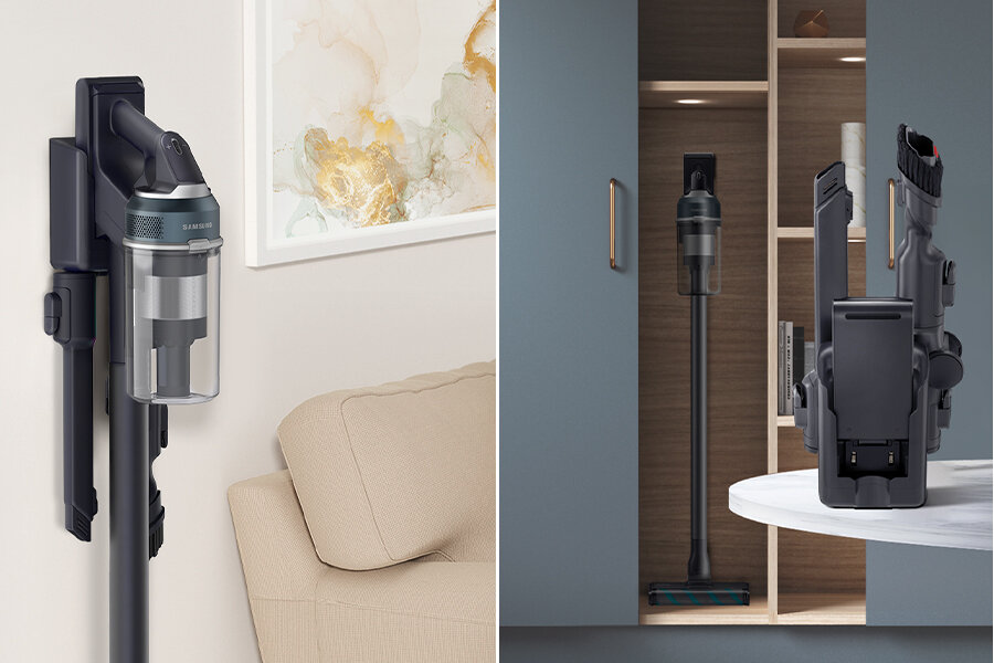 Odkurzacz Samsung VS20C8524TB/GE seria 85 z Media Expert podpięty do stacji ładowania