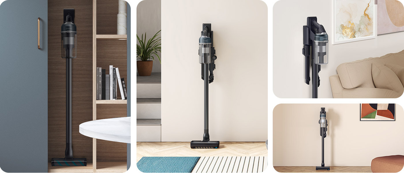 Czarny odkurzacz Samsung VS20C8524TB/GE seria 85 z Media Expert stojący w różnych pomieszczeniach